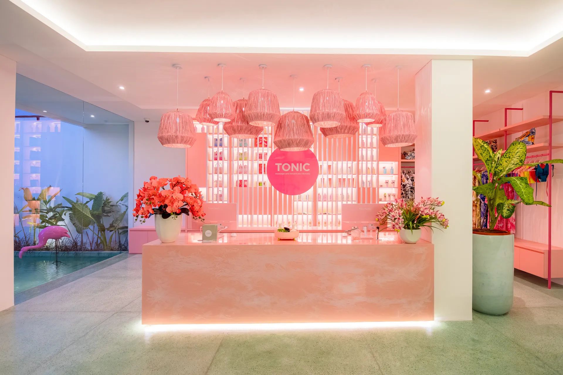 The signature pink interior of Tonic Uluwatu